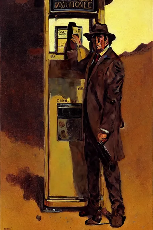 Image similar to saul goodman at a lonely!!!! pay phone in the desert!!!!, painting by'phil hale '!!! gaston bussiere, craig mullins, greg rutkowski, alphonse mucha, lady liberty