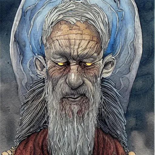 Image similar to very old shaman burns from the inside out, sould explodes, old gray haired mexican mage burn fire, close his eyes with no pain, watercolor ink painting, in the style of jean giraud, in the style of moebius trending on artstation deviantart pinterest detailed realistic hd 8 k high resolution