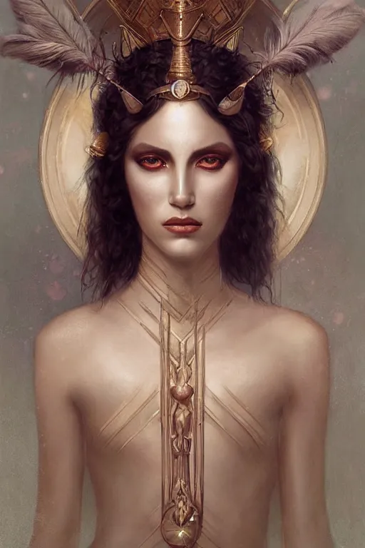 Prompt: portrait of the goddess astarte by tom bagshaw, realistic oil painting, clothed in feather, symmetrical face