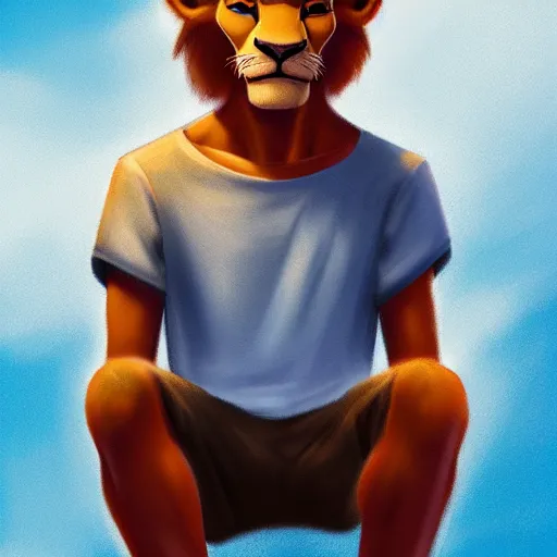 Image similar to a full-height portrait from afar of Simba form the Lion King look like an ordinary human boy with beautiful hear and head, wearing a white T-shirt and blue jeans, humanisation, digital art style