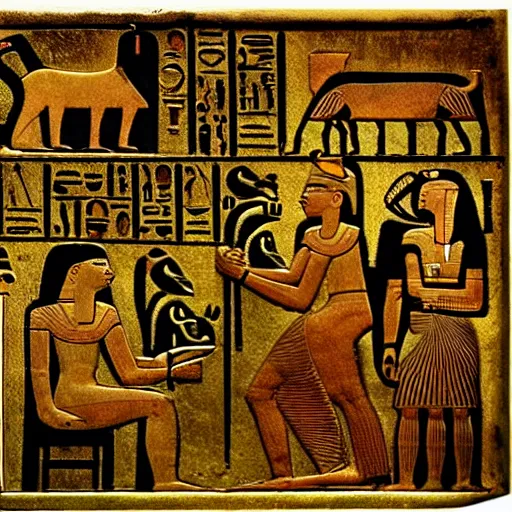 Image similar to ancient egyptian hieroglyphics with depiction of humans worshipping cats. high definition, gold plated, high contrast.