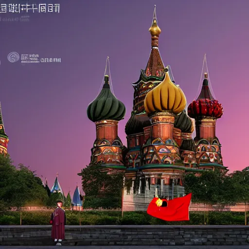 Image similar to chinese - style kremlin and chinese st. basil's cathedral on wide stone square at gentle dawn, a huge portrait of mao on the kremlin wall, at gentle dawn pink light, rossdraws, artgerm, norman rockwell, emiliano ponzi, epic composition, hd, octane, unreal engine, volumetric lighting, light rays, masterpiece, award - winning