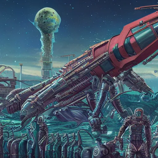 Image similar to rocket factory on ruined planet, alien mutant megafauna, moebius, mike mignogna, heavy metal magazine, highly detailed, rich colors, artgerm, trending on artstation