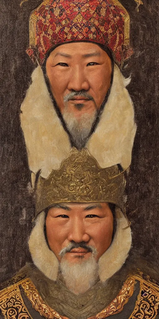 Image similar to a stunning and noble highly detailed romantic period style portrait of Genghis Khan by Josep Tapiró Baró, trending on artstation, oil painting masterpiece, symmetry, fractals, Mongolian iconography