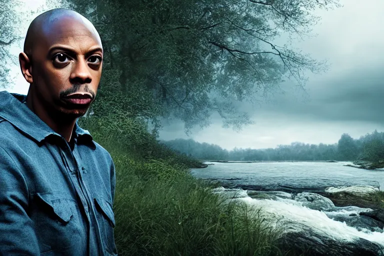 Prompt: an ultra realistic, cinematic headshot portrait, of dave chapelle, background of a vast serene landscape, with trees and rivers, detailed, deep focus, movie still, dramatic lighting, ray tracing, by michal karcz and yoshitaka amano