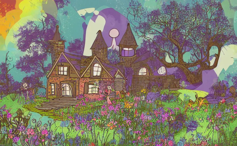 Prompt: magical farmhouse, fairies flying, vector, storybook, muted colors, gouache, flat, sharp edges, print