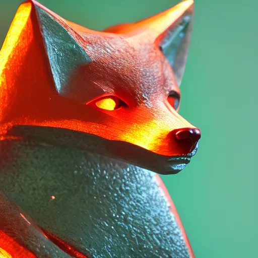 Prompt: Portrait photography of an Emerald fox sculpture with glowing orange eyes