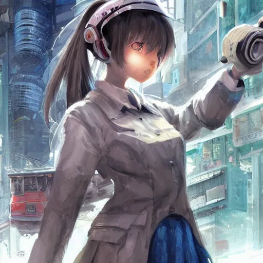 Image similar to dynamic composition, motion, ultra-detailed, incredibly detailed, a lot of details, amazing fine details and brush strokes, colorful and grayish palette, smooth, HD semirealistic anime CG concept art digital painting, watercolor oil painting of Clean and detailed post-cyberpunk sci-fi close-up schoolgirl in asian city in style of cytus and deemo, blue flame, relaxing, calm and mysterious vibes,, by a Chinese artist at ArtStation, by Huang Guangjian, Fenghua Zhong, Ruan Jia, Xin Jin and Wei Chang. Realistic artwork of a Chinese videogame, gradients, gentle an harmonic grayish colors. set in half-life 2, Matrix, GITS, Blade Runner, Neotokyo Source, Syndicate(2012), dynamic composition, beautiful with eerie vibes, very inspirational, very stylish, with gradients, surrealistic, dystopia, postapocalyptic vibes, depth of field, mist, rich cinematic atmosphere, perfect digital art, mystical journey in strange world