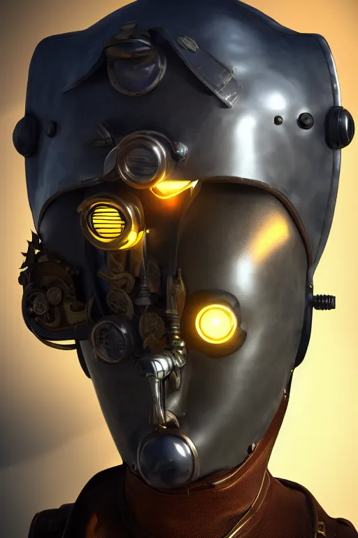 Image similar to steampunk mask minimalist fantasy art robot ninja helmet, global illumination ray tracing hdr fanart arstation by sung choi and eric pfeiffer and gabriel garza and casper konefal radiating a glowing aura