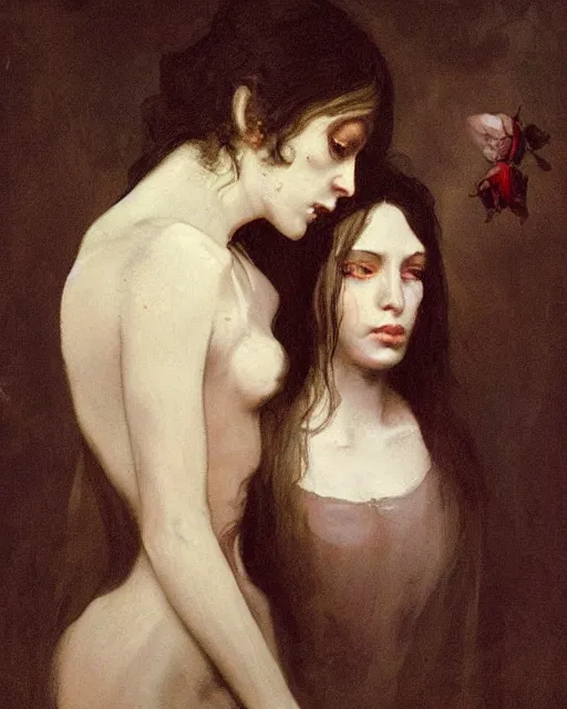 Image similar to a beautiful and eerie baroque painting of two beautiful but creepy siblings in layers of fear, with haunted eyes and dark hair, 1 9 7 0 s, seventies, wallpaper, a little blood, morning light showing injuries, delicate embellishments, painterly, offset printing technique, by brom, robert henri, walter popp