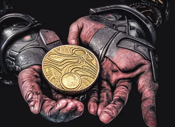 Image similar to cyborg hands holding a coin worth 1 human soul to be traded in hell. centered. horror cyberpunk dystopia style. highly detailed 8 k. intricate. nikon d 8 5 0 3 0 0 mm. award winning photography.