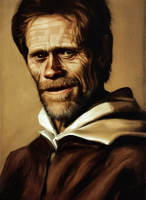 Image similar to portrait painting of willem dafoe with stubble, renaissance oil painting, chiaroscuro