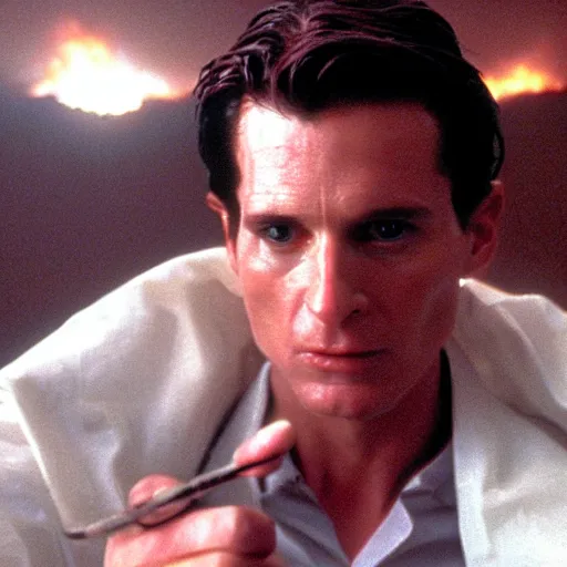 Prompt: film still of patrick bateman holding the one ring at mount doom in the return of the king