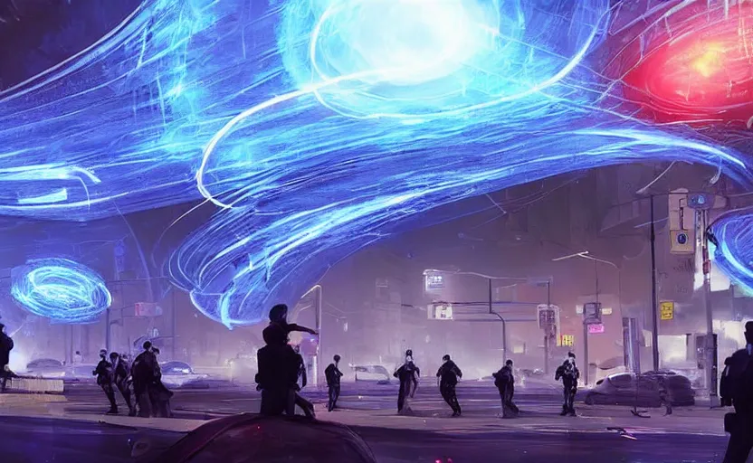 Image similar to people with posters attacking cops in front a huge blue spiral - shaped bright white luminous attractor that is floating and stores in los angeles with light screens all over the street, concept art, art for the game, professional lighting, night lighting from streetlights