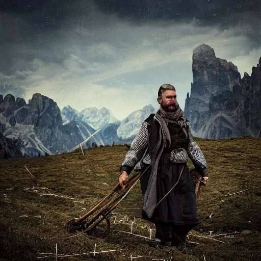 Image similar to alpine farmer transforming into roots and hay, dolomites in background, dark, eerie, despair, portrait photography, artstation, digital art, concept art, artstation, highly detailed, sharp focus, by caravaggio