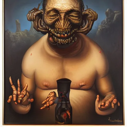 Image similar to oil painting with black background by christian rex van minnen robert williams todd schorr of a portrait of an extremely bizarre disturbing mutated man with acne intense chiaroscuro lighting perfect composition masterpiece