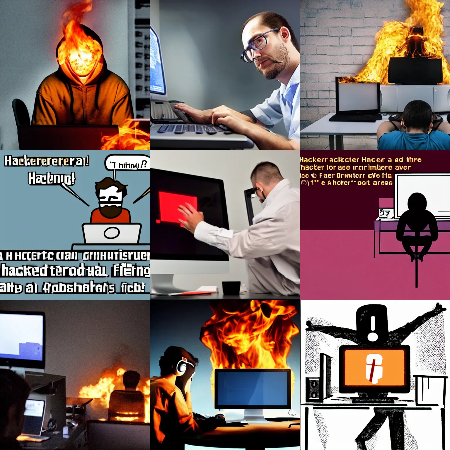 Prompt: a hacker sits at his computer. the computer is on fire. the hacker is frustrated.