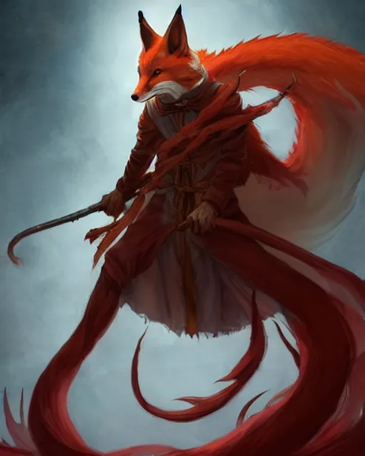 Prompt: Kitsune Fox Sorcerer, nine tails, magic the gathering artwork, D&D, fantasy, cinematic lighting, centered, symmetrical, highly detailed, digital painting, artstation, concept art, smooth, sharp focus, illustration, volumetric lighting, epic Composition, 8k, art by Akihiko Yoshida and Greg Rutkowski and Craig Mullins, heroic pose, oil painting, cgsociety, Tree Woodland atmosphere