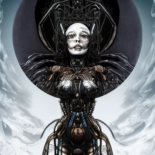 Image similar to illustration of a freaky goddess with a dark moon in the far distance by HR giger, ultradetailed, beautiful, happy, outstanding, trending on artstation, 8k