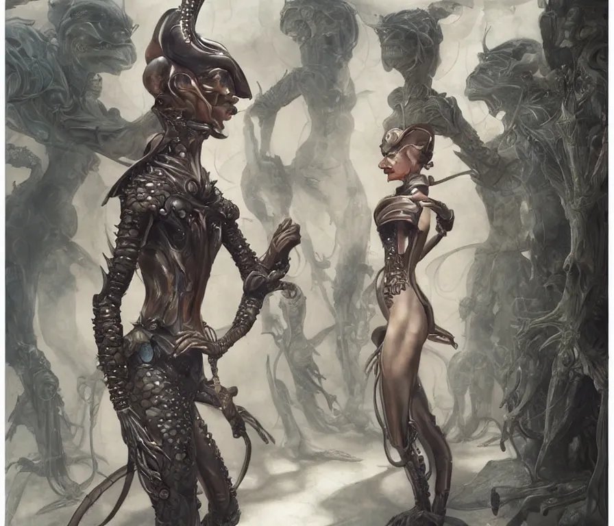 Image similar to a fashion editorial of a female alien with scaled skin is trying on a tactical suit and has many body modifications. by tom bagshaw, donato giancola, hans holbein, walton ford, gaston bussiere, brian froud, peter mohrbacher and magali villeneuve. 8 k, fashion editorial, cgsociety