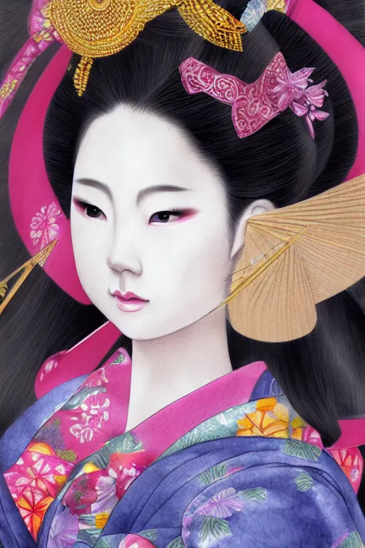 Image similar to beauty geisha, digital art, 8k, character, realistic, portrait, photorealism, japan watercolour, masterpiece art