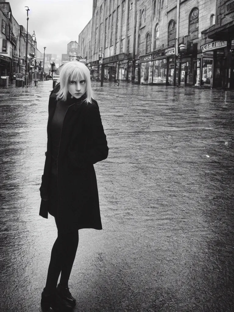 Image similar to cute annie leonhart in the dunwall city centre, dunwall city, beautiful face, natural lighting, rainy weather, gothic architecture, natural reflections, model agency, instagram photo, depression atmosphere, shot on iphone 1 3 pro, natural beauty, beautiful girls