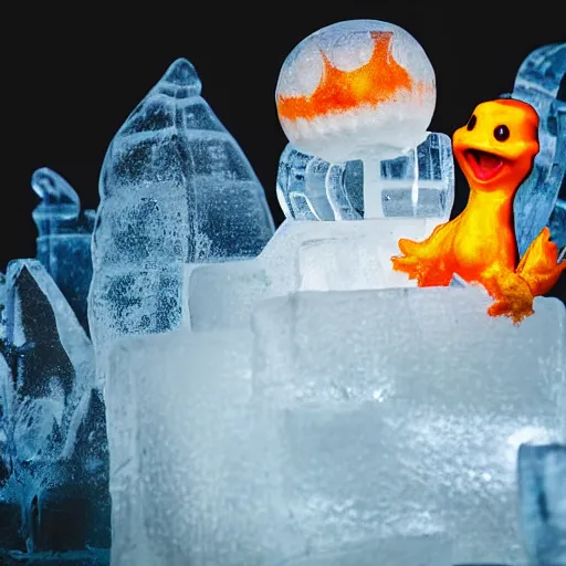 Image similar to ice sculpture of charmander made of ice, photography