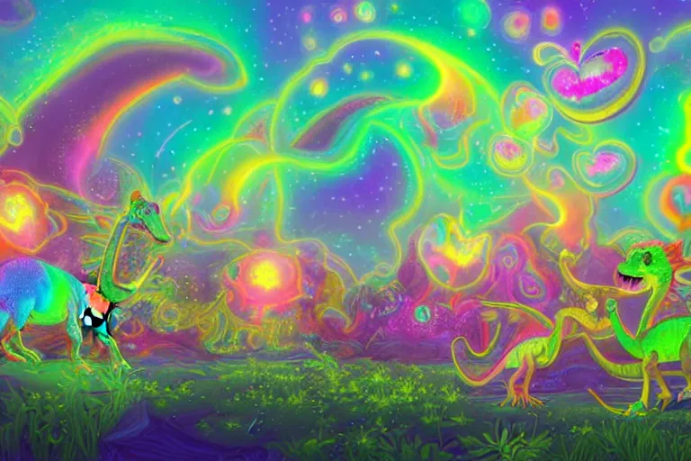 Image similar to a psychedelic realm made entirely out of love and acceptance and hypercolors. astral beings sharing love. cute smiling glowing skin glowing chibi style pixar baby dinosaurs in the style of, epic, fantasy, hyper detailed, smooth, unreal engine, sharp focus, ray tracing