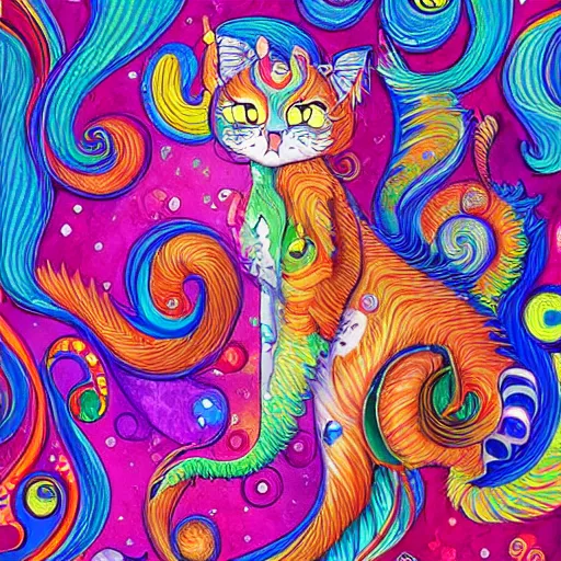 Prompt: cat seahorse shapeshifter, long haired humanoid fursona, detailed painterly digital art by lisa frank and louis wain, furaffinity, cgsociety