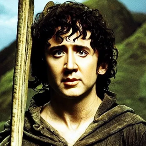 Image similar to nicolas cage as frodo in lord of the rings