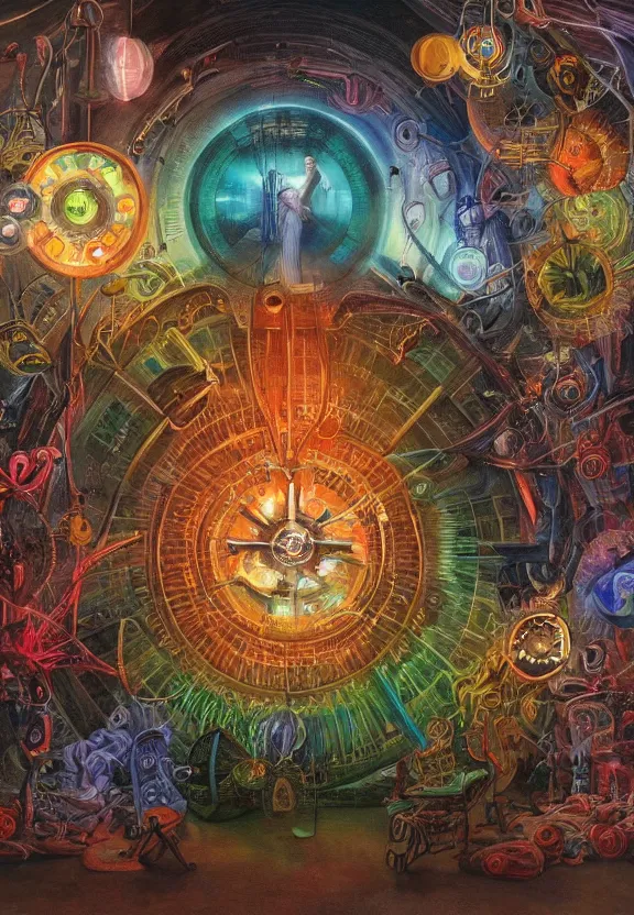 Image similar to colorful medical equipment, cameras, radiating, neon light mandala, portal, minimalist environment, by ryan stegman and hr giger and esao andrews and maria sibylla merian eugene delacroix, gustave dore, thomas moran, the movie the thing, modern art, claes oldenburg, saturated