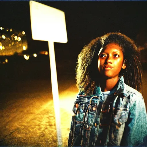 Image similar to teenager light - skin girl, afro hair, stares at the camera, night sky, stars, bruce gilden, leica s, fuji 8 0 0, grainy, low light