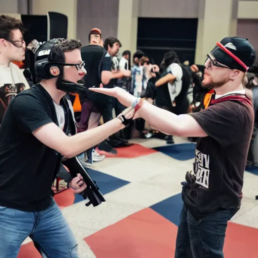 Prompt: a stereotypical nerd rap battles a stereotypical gamer geek at a convention, hd, standoff