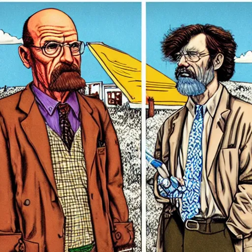 Image similar to The Artwork of R. Crumb and his Cheap Suit Breaking-Bad-Walter-White meth-lab, wearing a bio-hazard suit pencil and colored marker artwork, trailer-trash lifestyle