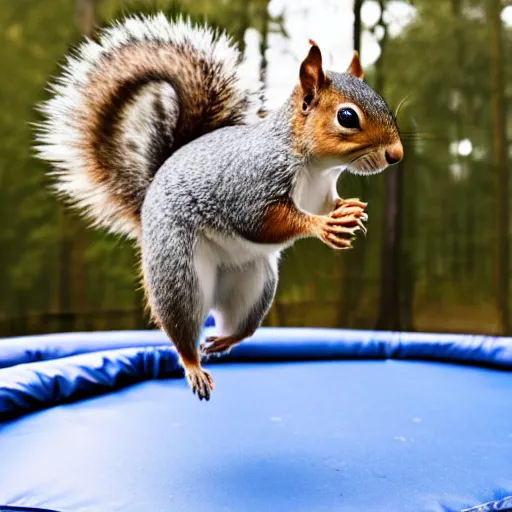 Image similar to a photo of a cute squirrel jumping on a trampoline