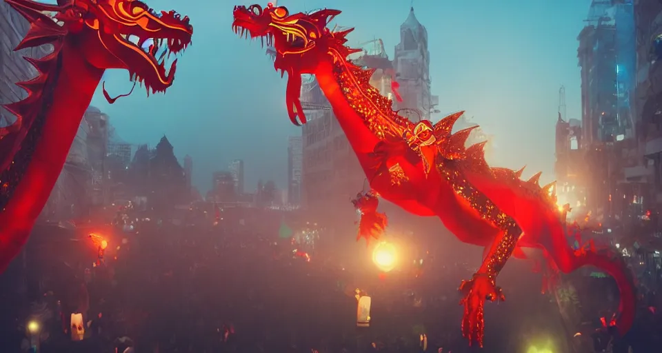 Image similar to glowing dragon puppets at chinese new year parade, beautiful, soft lighting, artstation, storybook