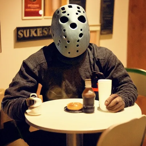 Image similar to photograph of jason voorhees having a coffee at an european caffé