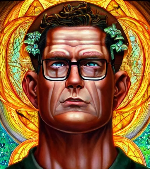 Prompt: symmetry, hank hill as the saint of propane, visionary art, art by mike judge, art by josephine wall, art by amanda sage, dramatic lighting, trending on artstation