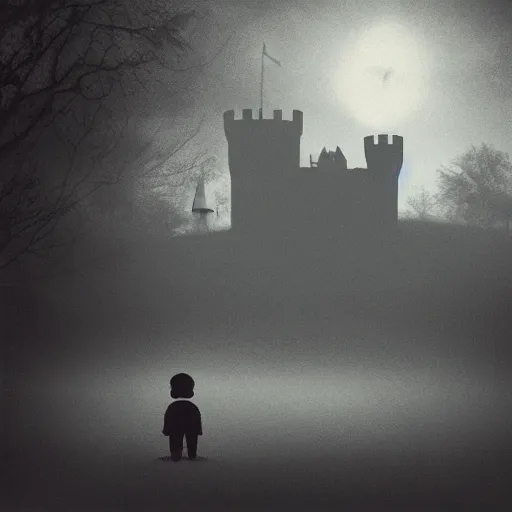 Image similar to a dark vallcy with a huge gloomy castle, fog. a little boy and a black cat