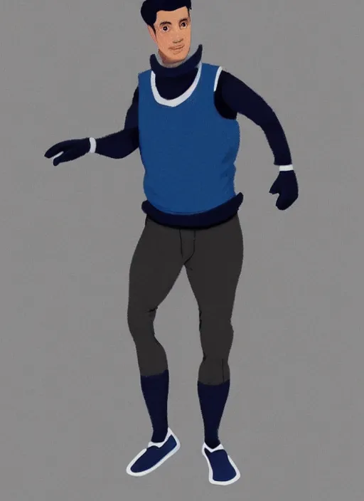 Image similar to a concept art of a man wearing a blue vest, navy blue sweater, black sports pants, fingerless gloves, and white running shoes