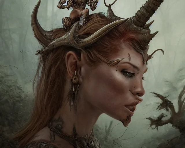 Image similar to 5 5 mm portrait photo of an armored gorgeous anesthetic redhead woman warrior with a face tattoo and horns growing from her head and a gargoyle sitting on her shoulder, in a magical forest in the style of greg rutkowski. by luis royo. highly detailed 8 k. intricate. lifelike. soft light. nikon d 8 5 0. cinematic post - processing