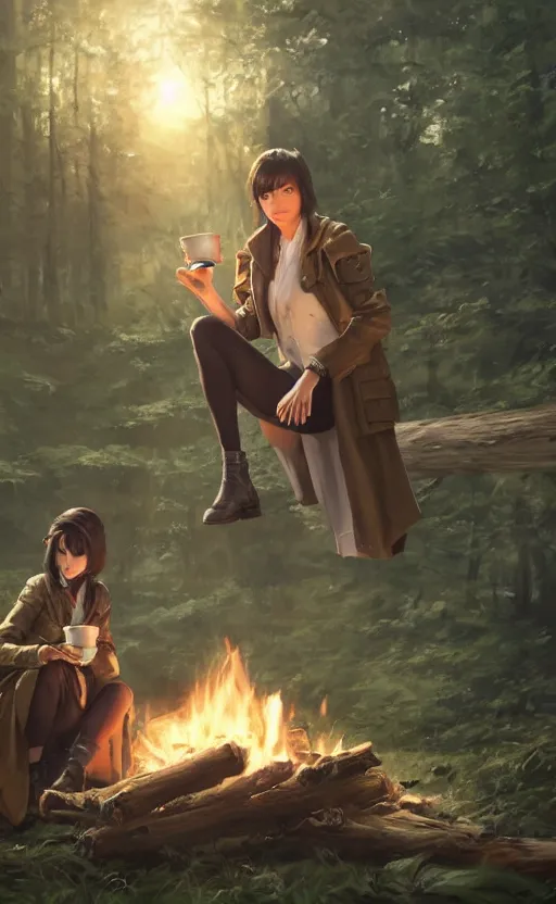 Prompt: a girl from final fantasy live action, with short black hair and green eyes in a tan trenchcoat sitting on a log and drinking tea by the campfire by her dieselpunk motorcycle at night, award winning, masterpiece digital painting by greg rutkowski, alex grey, artstation, 4 k wallpaper