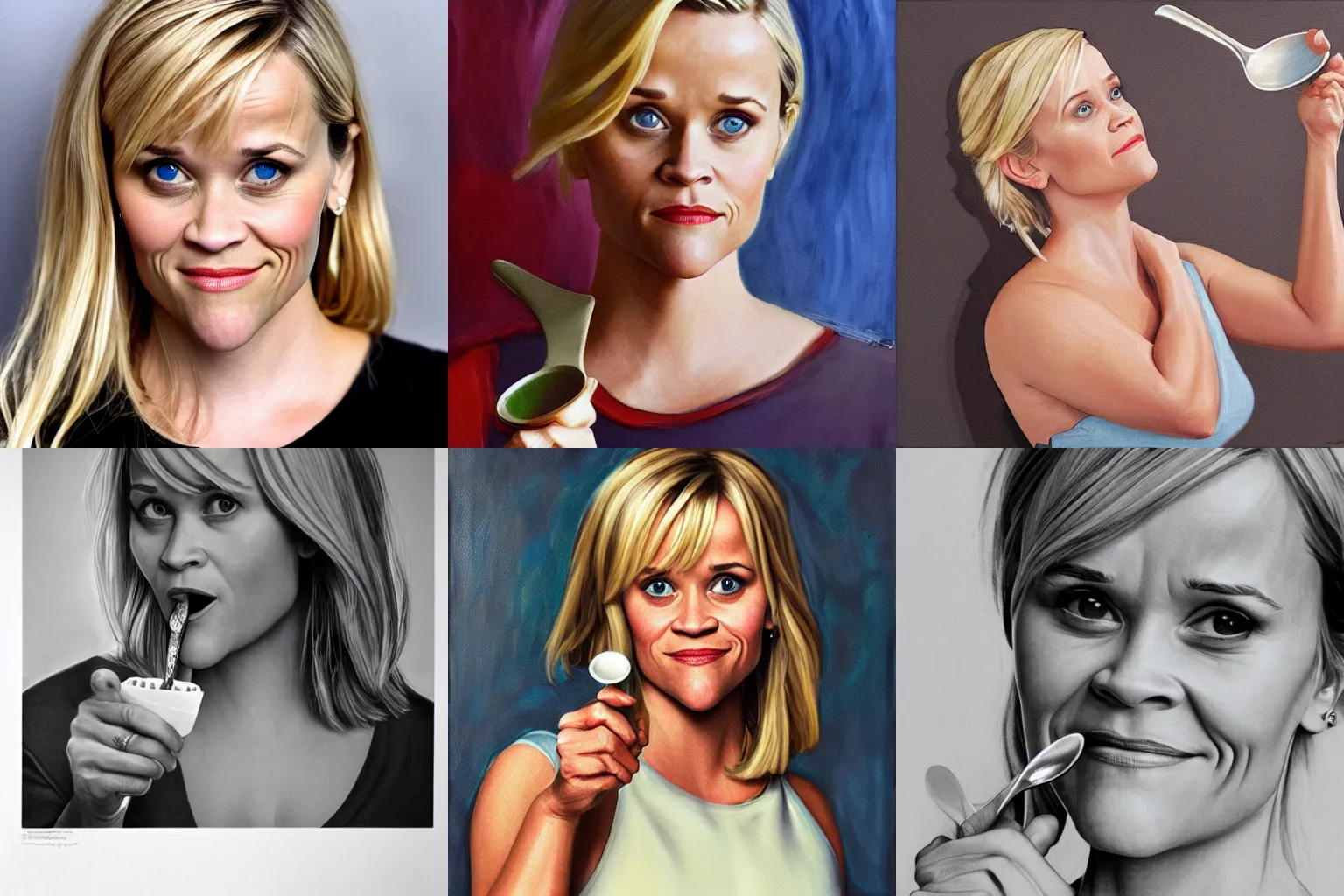 Prompt: reese witherspoon holding a spoon, realistic, photorealism, highly detailed