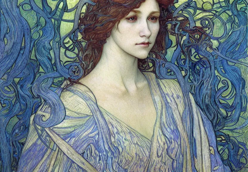 Image similar to detailed realistic beautiful young medieval queen face portrait by jean delville, alphonse mucha, vincent van gogh, and marco mazzoni, art nouveau, symbolist, visionary, gothic, pre - raphaelite