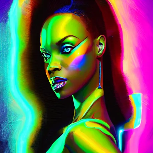 Image similar to african neon demon, science fiction, highly detailed, digital painting, beautiful eyes, symmetry, concept art, sharp focus, volumetric lighting, illustration, global illumination, radiant light, synthwave colors, detailed and intricate environment, art by artgerm and greg rutkowski and magali villeneuve and ilya kuvshinov!