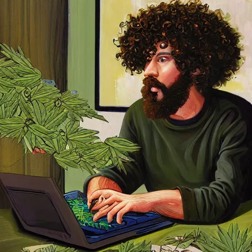 Image similar to a painting of a curly haired bearded man sitting at his computer with a rolling tray and a pile of weed ground up in front of him