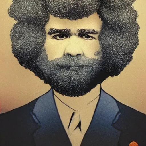 Image similar to nuclear mushroom cloud in shape of bob ross self portrait