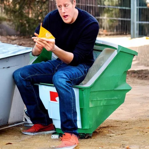 Image similar to geoff keighley eating doritos while dumpster diving