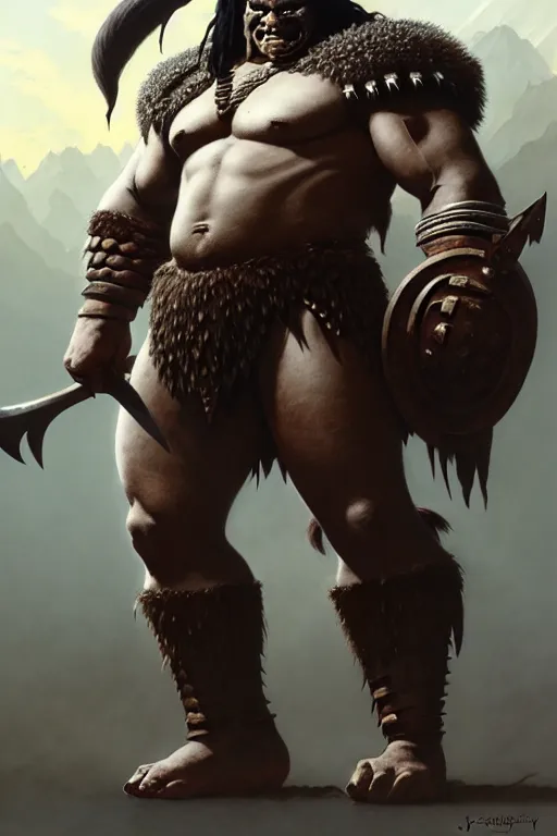 Prompt: orc barbarian wearing leather armor, full body shot, exquisite details, earth magic, mid view, design on a white background, by james gurney, rockwell, studio muti, greg rutkowski, makoto shinkai, takashi takeuchi, studio ghibli