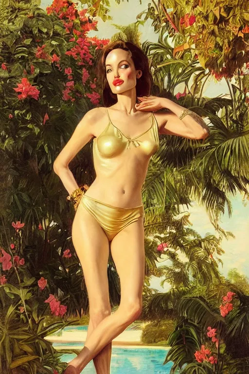 Image similar to Angelina Jolie wearing a swimsuit, golden hour, in a garden, artstation, by J. C. Leyendecker and Peter Paul Rubens,